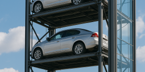 torre de estacionamiento automatizada moderna con autos apilados en varios niveles en una ciudad latinoamericana