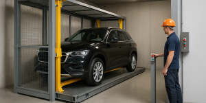 técnico operando un sistema de elevador para autos moderno con sensores de seguridad y estructura metálica