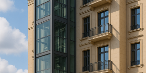 elevador exterior de vidrio moderno instalado en la fachada de un edificio contemporáneo