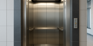 Elevador comercial moderno en un edificio corporativo con cabina amplia y puertas de acero inoxidable