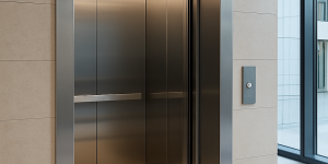 Elevador moderno con puertas abiertas en un edificio contemporáneo iluminado y de diseño minimalista