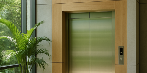 Elevador ecológico moderno con diseño sostenible en un edificio iluminado con luz natural