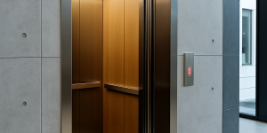 Elevador moderno en un edificio contemporáneo con cabina iluminada y diseño minimalista