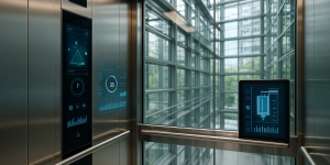 Elevador moderno dentro de un edificio inteligente con sensores y paneles tecnológicos