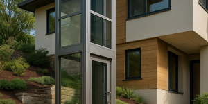 Elevador exterior instalado en una vivienda con desnivel, con cabina panorámica y estructura moderna