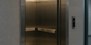 Elevador comercial moderno en un edificio empresarial, con cabina amplia y puertas automáticas