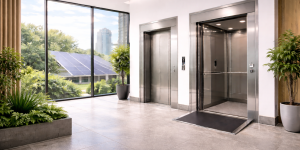 elevadores eficientes para reducir consumo eléctrico en edificios modernos con luz natural, vegetación interior y panel solar visible