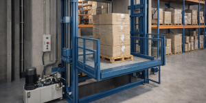 Elevador montacargas hidráulico industrial en almacén con plataforma de carga y sistema hidráulico visible