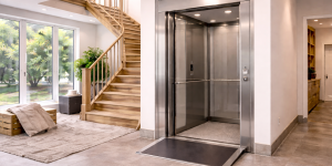 Elevador residencial sin foso instalado en vivienda moderna mostrando plataforma elevada junto a escalera interior