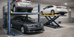 Elevador de plataforma para autos residenciales junto a elevador tipo tijera en garaje compacto con dos vehículos