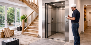 Elevador residencial moderno en vivienda de dos pisos con técnico inspeccionando instalación durante evaluación previa