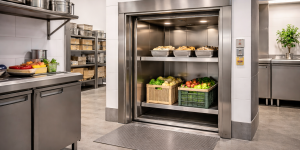 Montacargas para restaurantes y cocinas profesionales en área de servicio elevando bandejas y cajas de alimentos