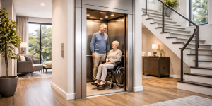 Elevadores para casa para adultos mayores instalados en vivienda moderna con cabina accesible y puertas amplias