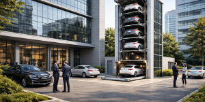 Estacionamiento mecánico en edificio corporativo con torre vertical y vehículos apilados en entorno empresarial moderno
