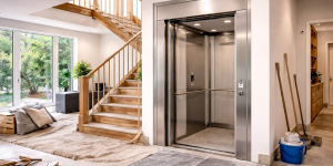 Elevador residencial instalado durante remodelación familiar en vivienda moderna de dos pisos con iluminación natural