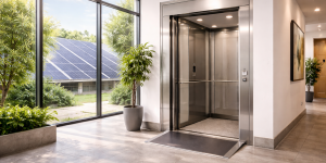 Elevador ecológico moderno en edificio sostenible con iluminación natural y paneles solares visibles en entorno corporativo