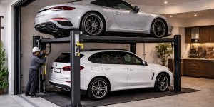 Elevador para autos en casa con requisitos estructurales instalado en garaje residencial moderno con plataforma hidráulica