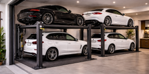 Parking lift hidráulico o eléctrico para vivienda instalado en garaje moderno con dos plataformas elevando autos