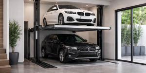 Elevador para autos residencial según espacio de vivienda instalado en garaje moderno de casa unifamiliar