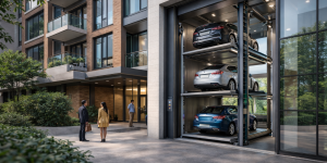 sistemas de estacionamiento vertical para desarrolladores inmobiliarios en edificio residencial moderno