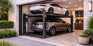 Parking lift integrado en viviendas unifamiliares modernas dentro de garaje arquitectónico con dos autos en plataformas