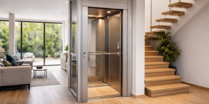 Elevador residencial sin modificaciones estructurales instalado en vivienda moderna de varios niveles