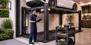 Mantenimiento de parking lift residencial para vivienda realizado por técnico en garaje moderno con plataforma elevando un auto