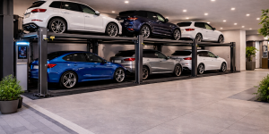 Parking lift automotriz para desarrollos inmobiliarios instalado en estacionamiento subterráneo moderno con plataformas dobles