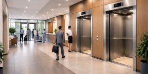 Elevadores comerciales para hoteles clínicas y oficinas en edificio moderno con alto flujo de personas