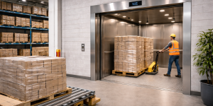 Montacargas industrial transportando pallets en bodega logística según flujo de carga vertical