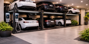 Parking lift ecológico para edificios residenciales y corporativos en garaje moderno con iluminación eficiente y autos eléctricos