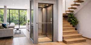 Elevador doméstico compacto sin sala de máquinas instalado en vivienda moderna con espacio reducido y diseño integrado