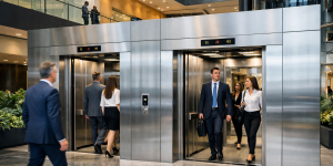 elevadores comerciales en edificio corporativo moderno en México con alto flujo y diseño eficiente
