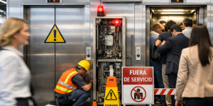 elevadores comerciales en edificio de alta demanda con alto flujo de personas y sistema moderno