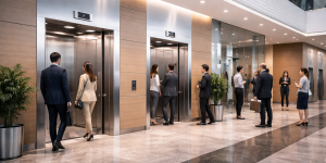 elevadores comerciales modernos en edificio corporativo en México con alto flujo de personas