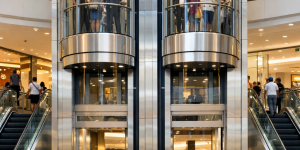 elevadores comerciales en centro comercial moderno con alto flujo de personas y sistema eficiente