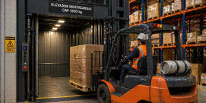 elevador montacargas industrial en México operando en almacén comercial con carga pesada