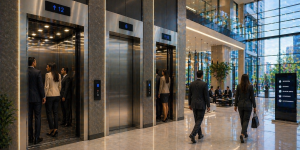 elevadores comerciales modernos en edificio inmobiliario en México con alto flujo y diseño eficiente