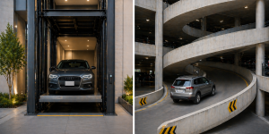 comparación elevadores para autos y rampas en edificio moderno en México con estacionamiento vertical