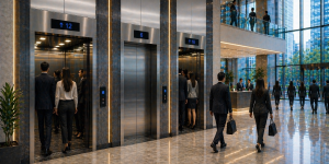 sistema de elevadores comerciales en México en edificio moderno con alto flujo y diseño eficiente