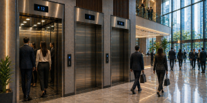elevadores comerciales en México en edificio moderno corporativo con alto flujo y diseño eficiente