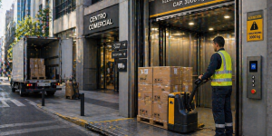 elevador montacargas en México operando en logística urbana con carga en edificio comercial moderno