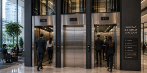 elevadores comerciales en México en edificio empresarial moderno con alto flujo de personas