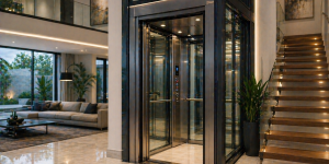 elevador residencial moderno en casa de lujo en México con cabina de vidrio y diseño minimalista
