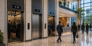 sistemas de elevadores comerciales en México en edificio moderno con alto flujo y tecnología avanzada