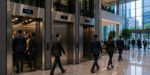 elevadores comerciales en México optimizando flujo en edificio moderno con alto tráfico