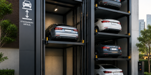 Elevador para estacionamiento vertical en México con autos en plataforma moderna