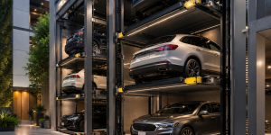 Sistema de estacionamiento vertical en México con autos en plataformas modernas