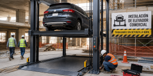 Instalación de elevadores comerciales en México sin detener la obra en estacionamiento en construcción