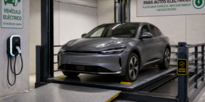 Elevadores para autos eléctricos en México con plataforma completa, apoyo en ruedas y acceso seguro.